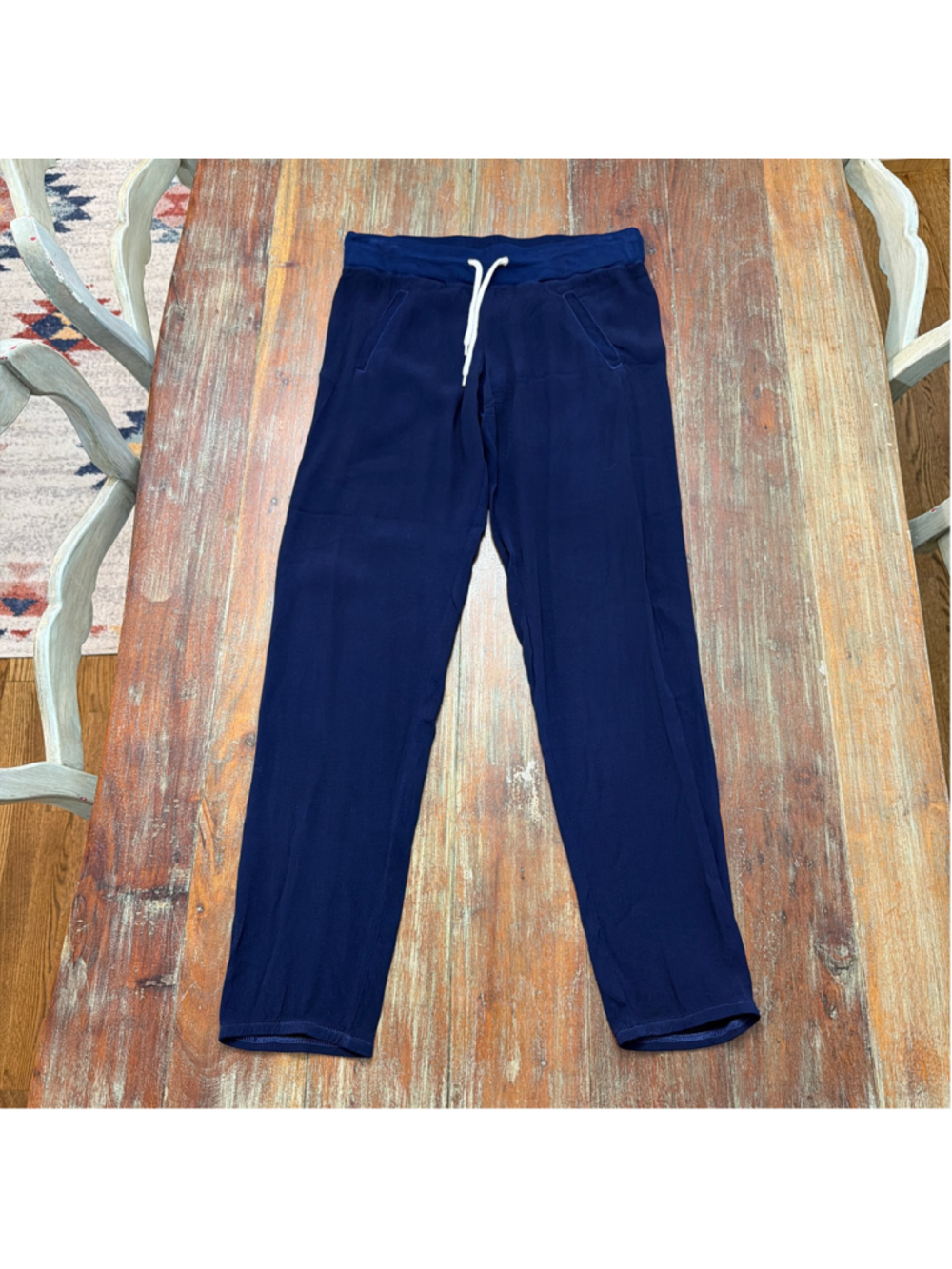 MONROW Navy Blue 100% Rayon Drawstring Loose Straight Leg Lounge Pants Womens XS